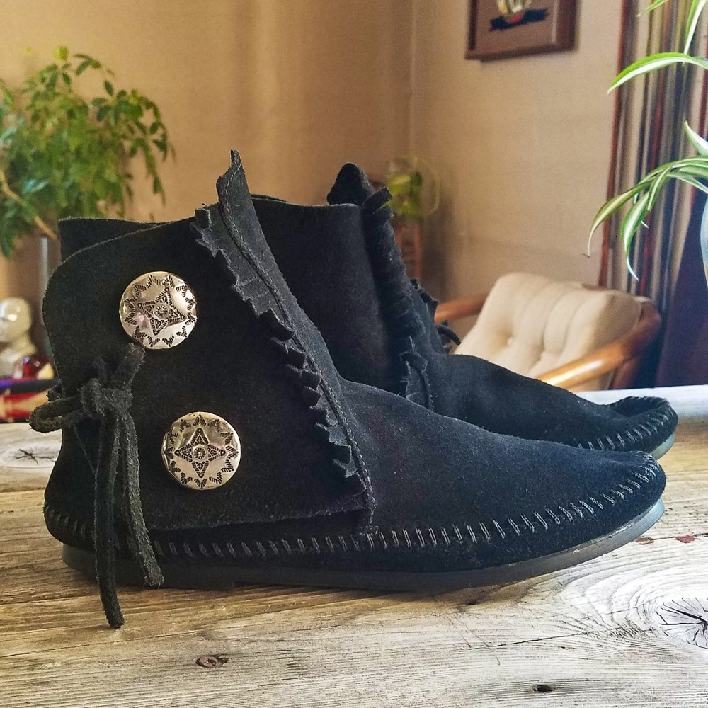 Black Minnetonka Two Button Bootie Moccasin Shoe